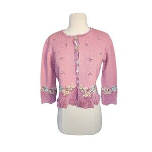 Susan Bristol Vintage 90s Cardigan Sweater Womens Petite L Pink Embroidered